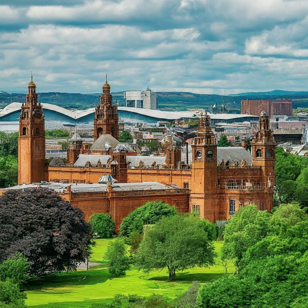 Panoramic view of Glasgow, UK, featuring Kelvingrove Art Gallery and Museum.