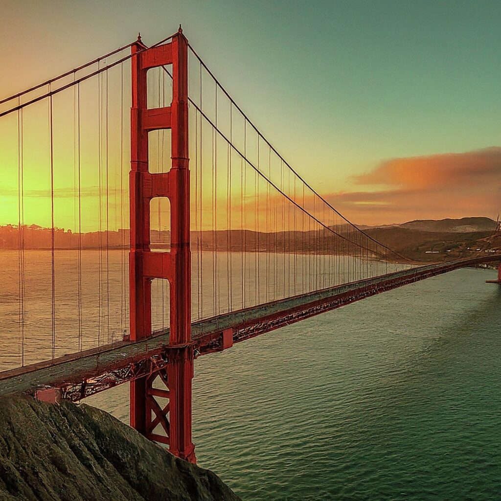 Photorealistic image of the Golden Gate Bridge in San Francisco at sunset.