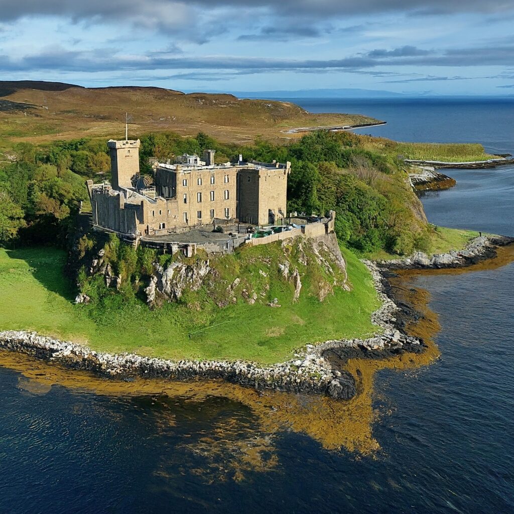 Isle of Skye, Scotland: Dunvegan Castle perched on a rocky outcrop overlooking the ocean.