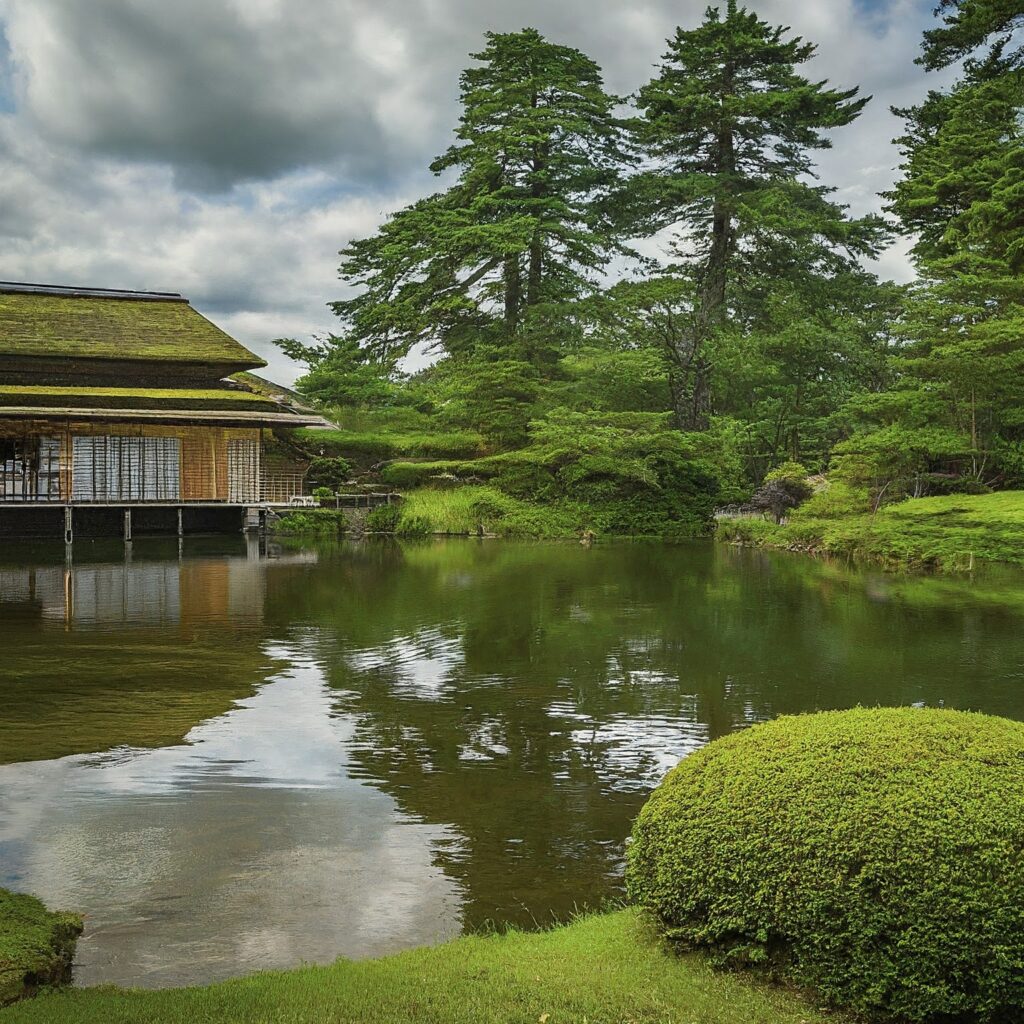 A serene Japanese garden in Kanazawa with a koi pond, raked gravel, and bonsai trees.