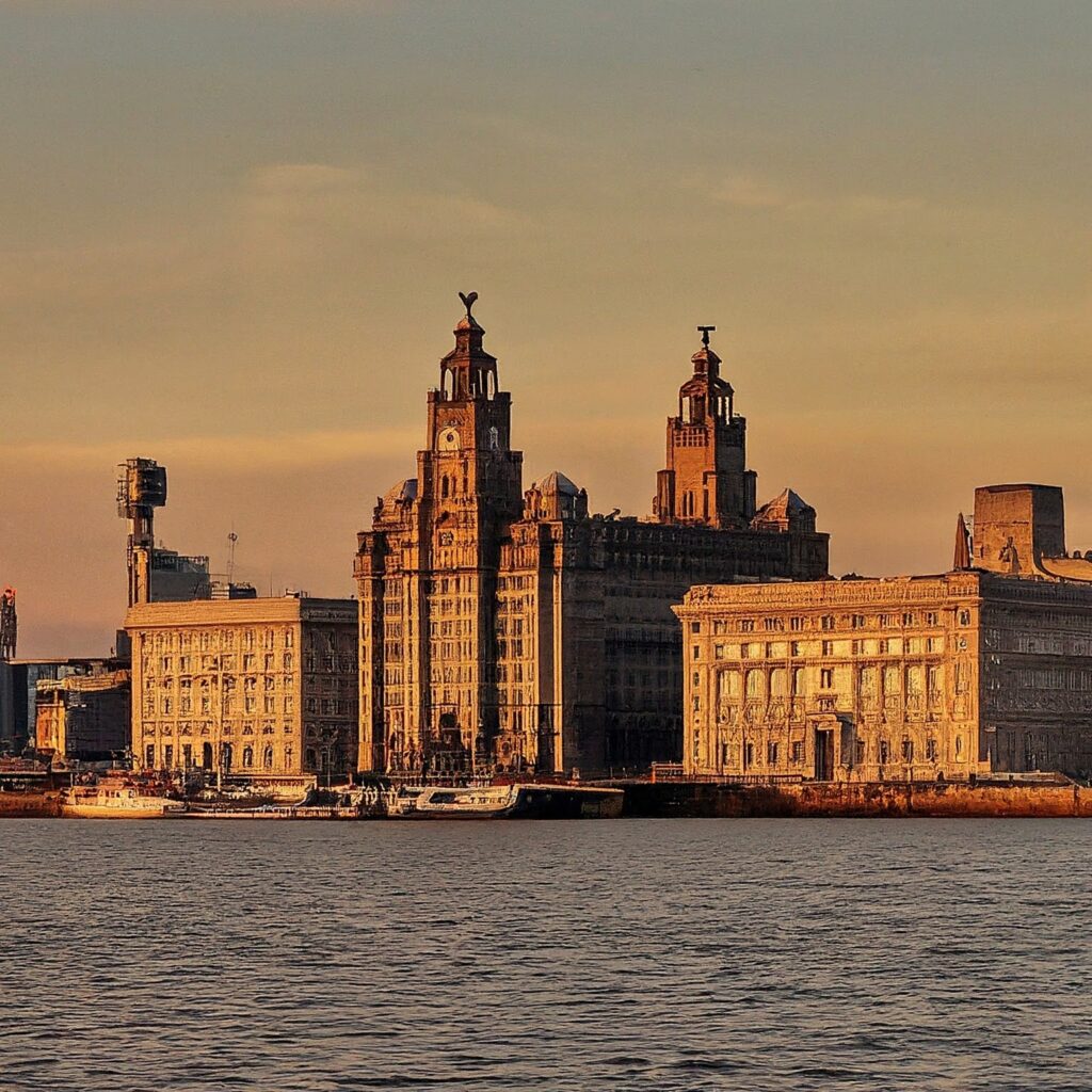 Panoramic view of Liverpool waterfront at sunset with Three Graces buildings.