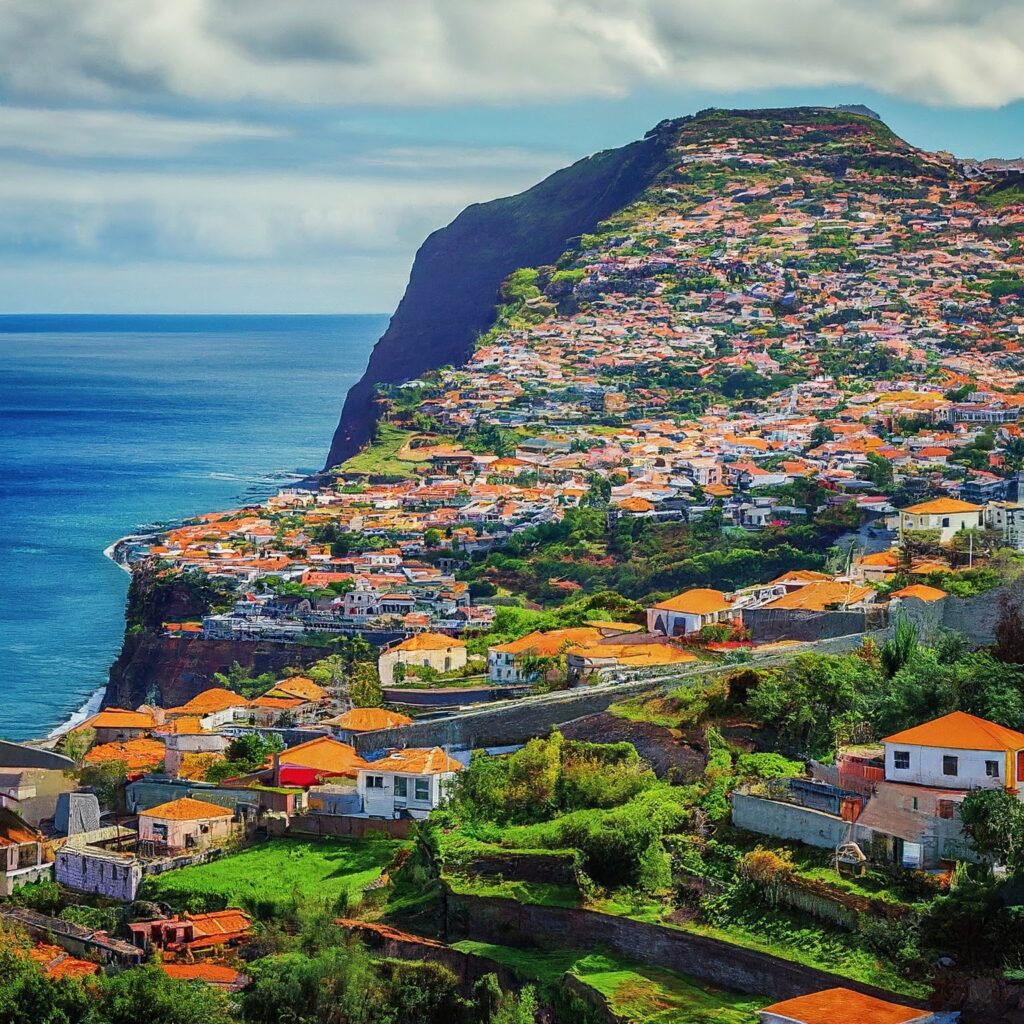 Lush green mountains and colorful houses cascading down the hillside in Funchal, Madeira, Portugal.