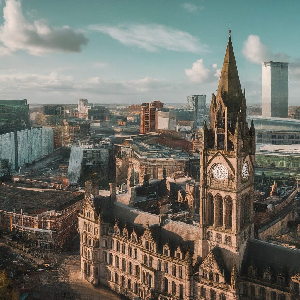 Panoramic view of Manchester, UK, featuring historic architecture and Manchester Town Hall.