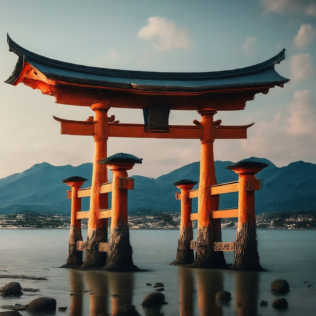 Itsukushima Shrine in Miyajima, Japan, at high tide.