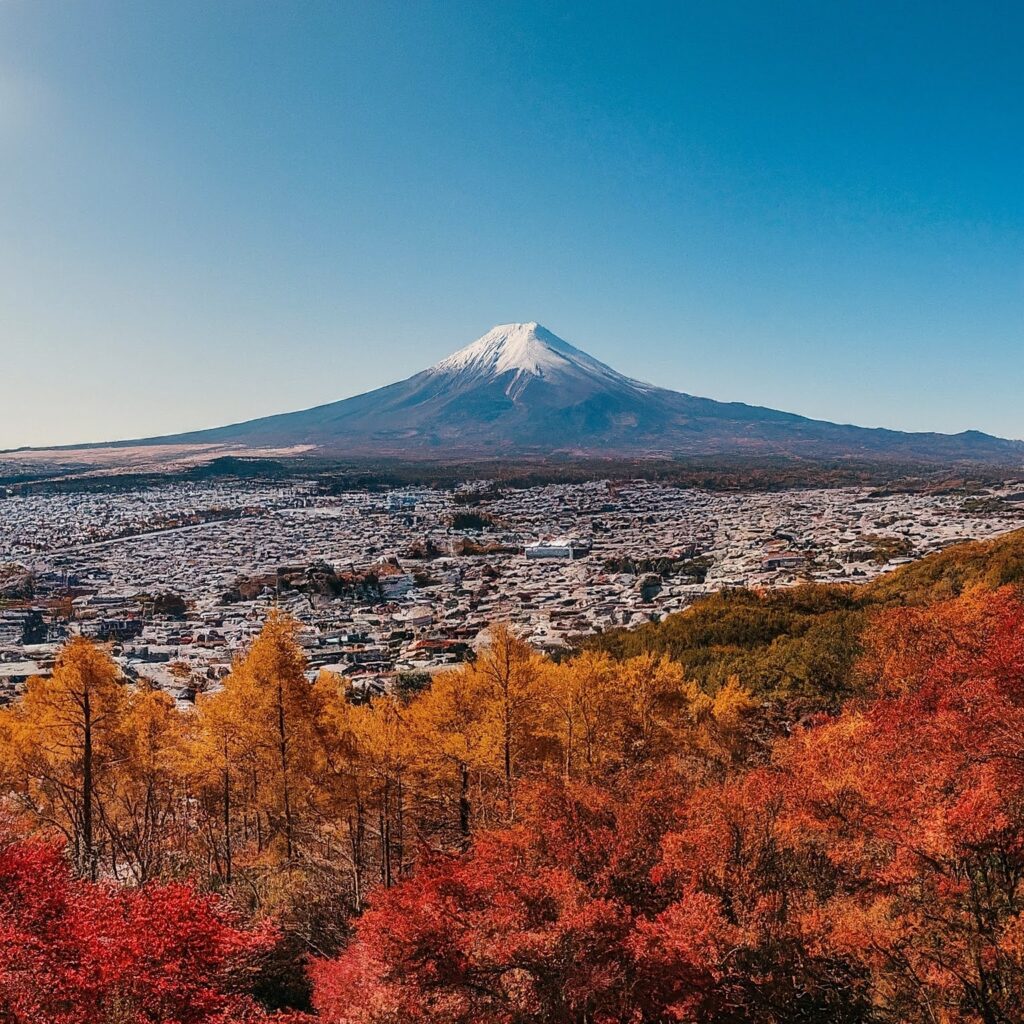 Panoramic view of Mount Fuji in autumn with colorful foliage.