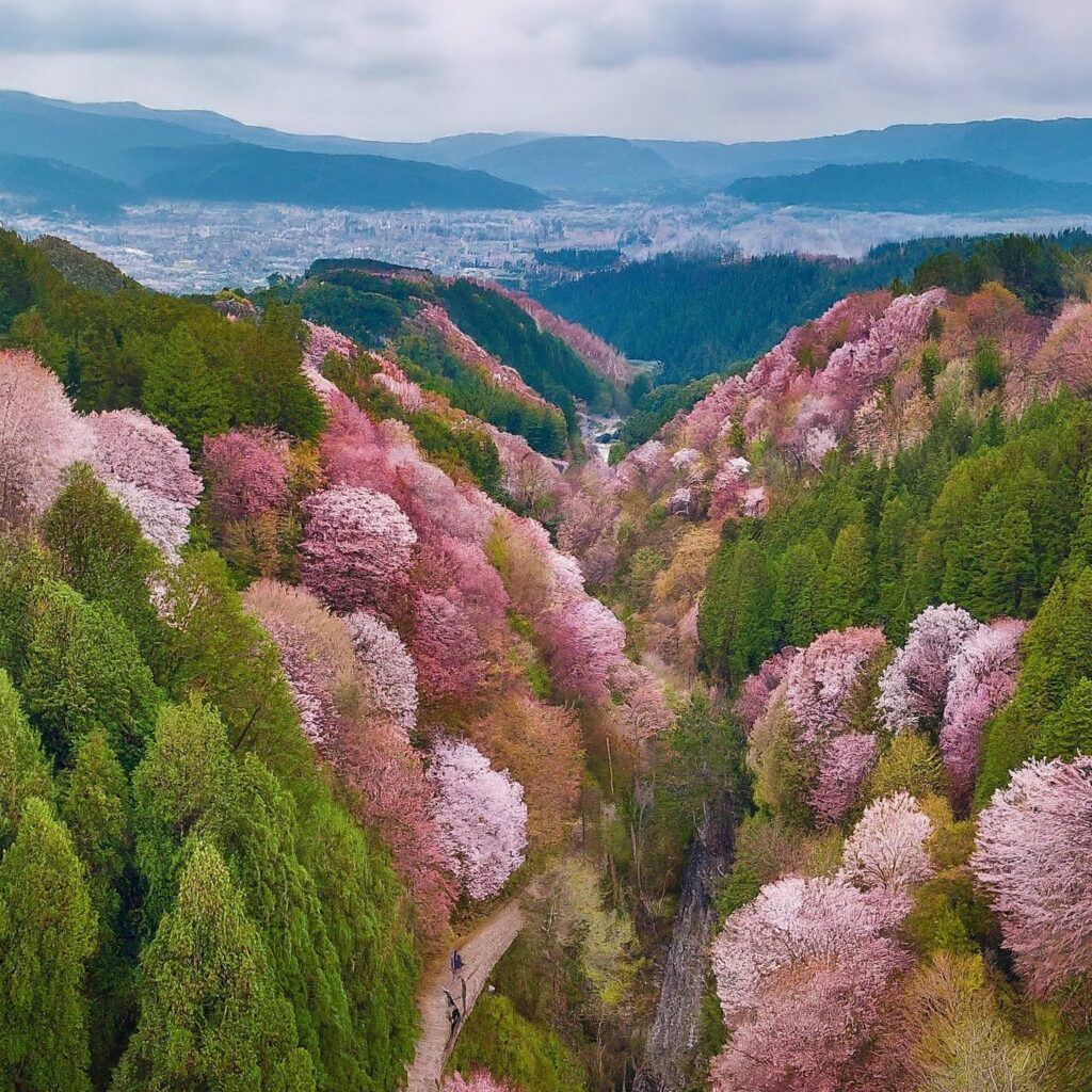 Panoramic view of Mount Yoshino in Japan during cherry blossom season, showcasing pink blossoms and pagodas.