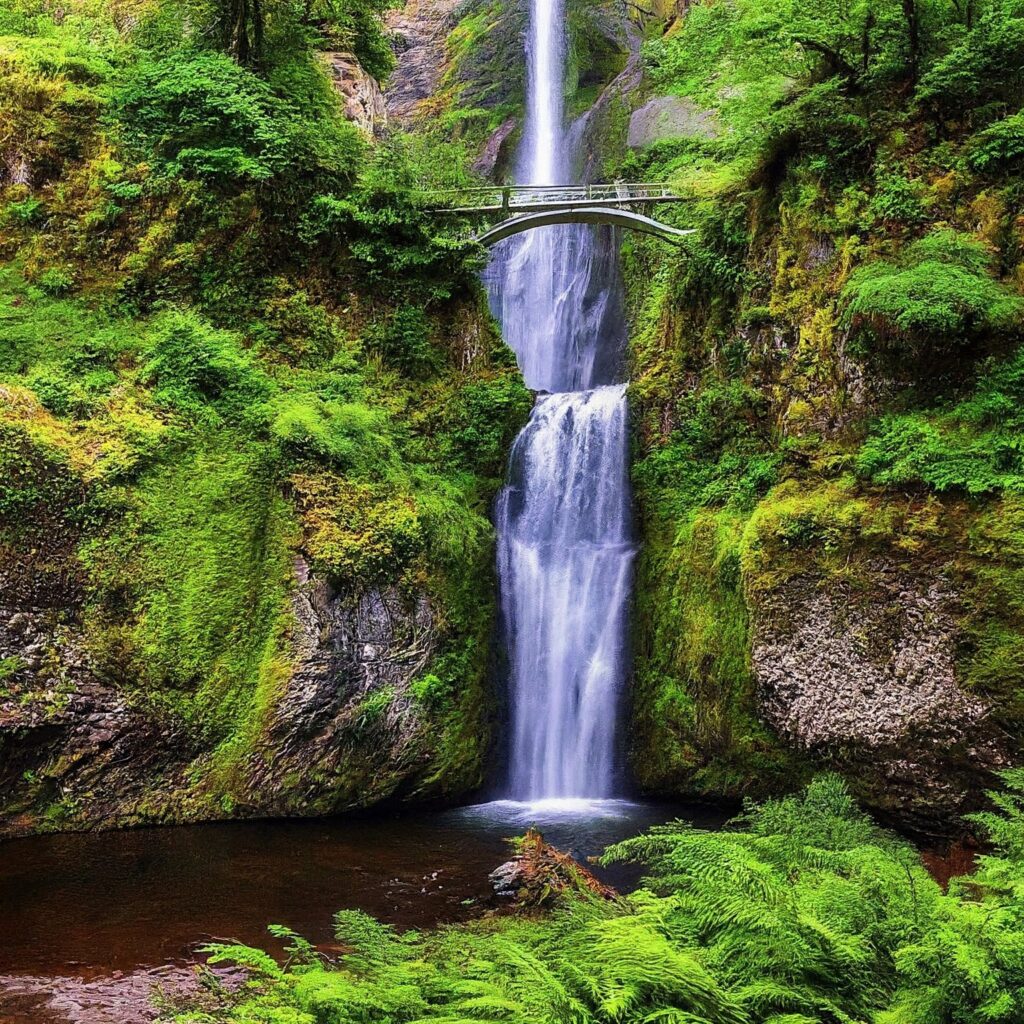 Multnomah Falls, Oregon, a cascading waterfall surrounded by lush greenery.
