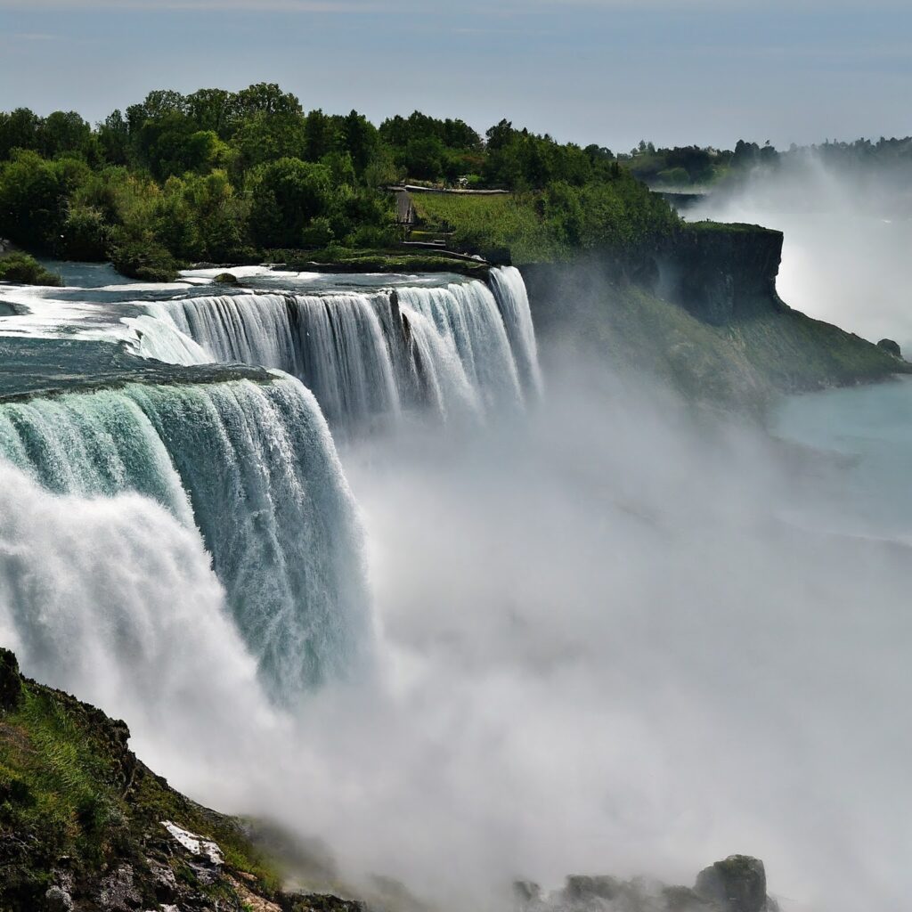 Close-up view of the powerful Horseshoe Falls at Niagara Falls, New York, USA.