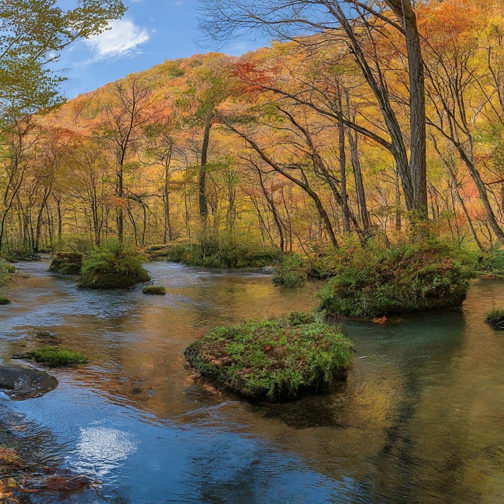 Panoramic view of Oirase Gorge during autumn, Japan, showcasing colorful foliage.