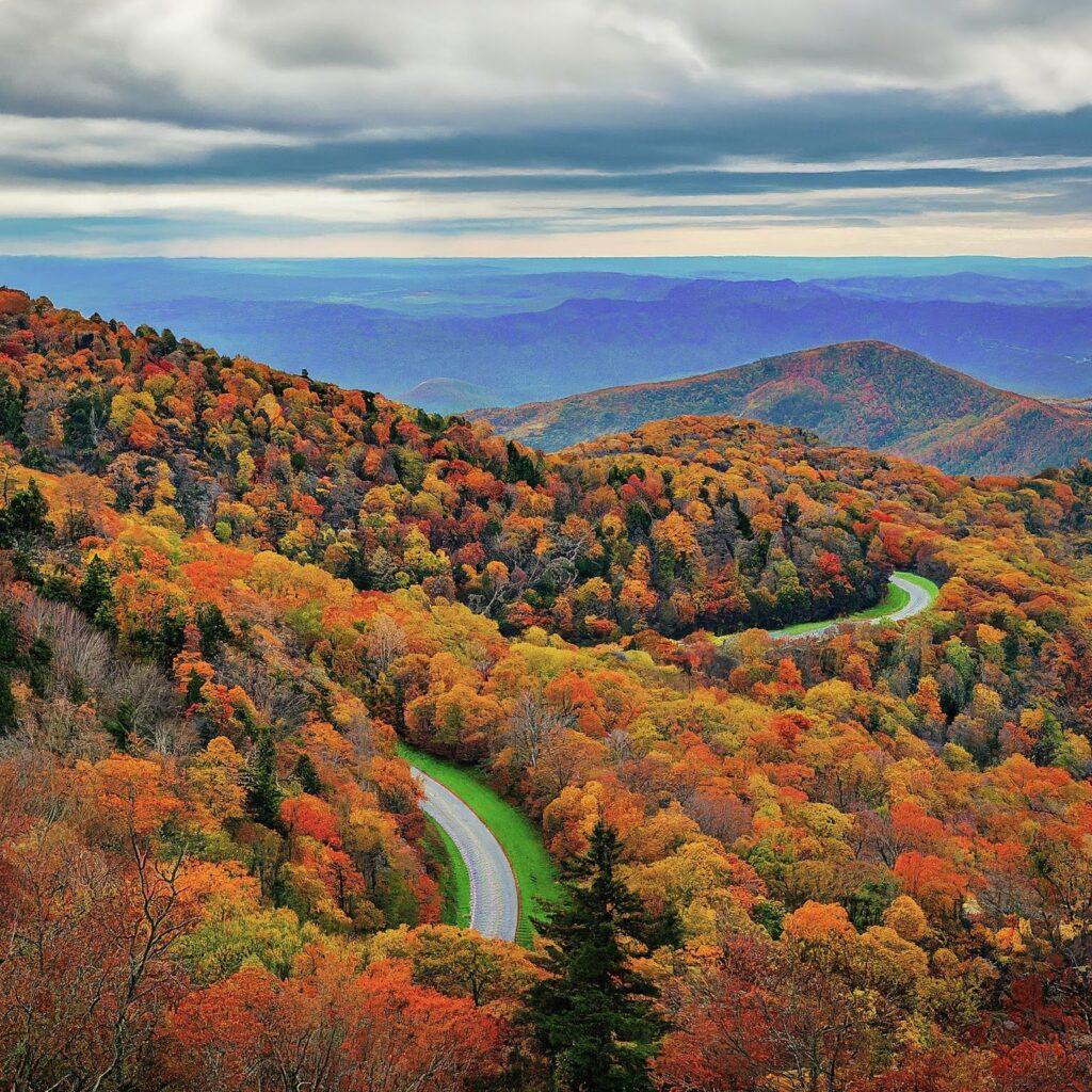Scenic overlook on the Blue Ridge Parkway in autumn with colorful foliage.