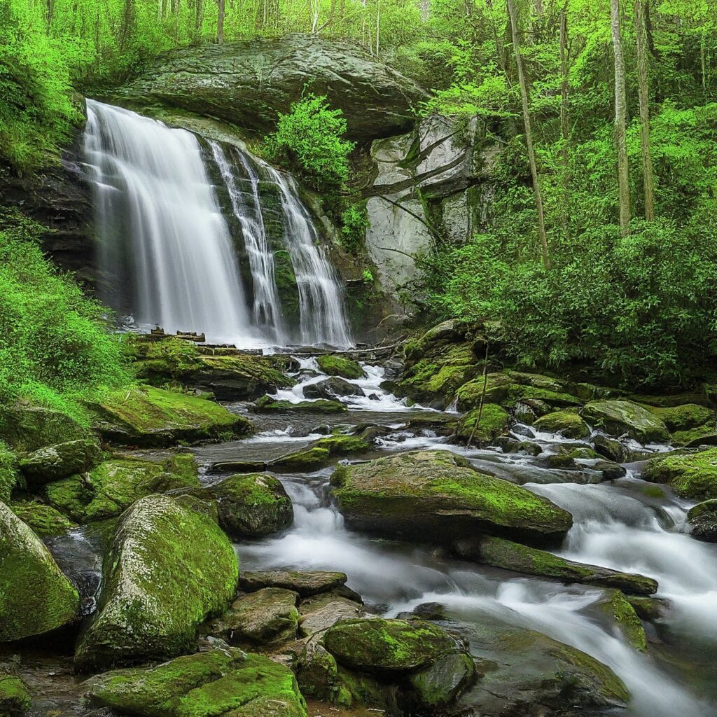 Majestic waterfall in the Great Smoky Mountains surrounded by greenery.