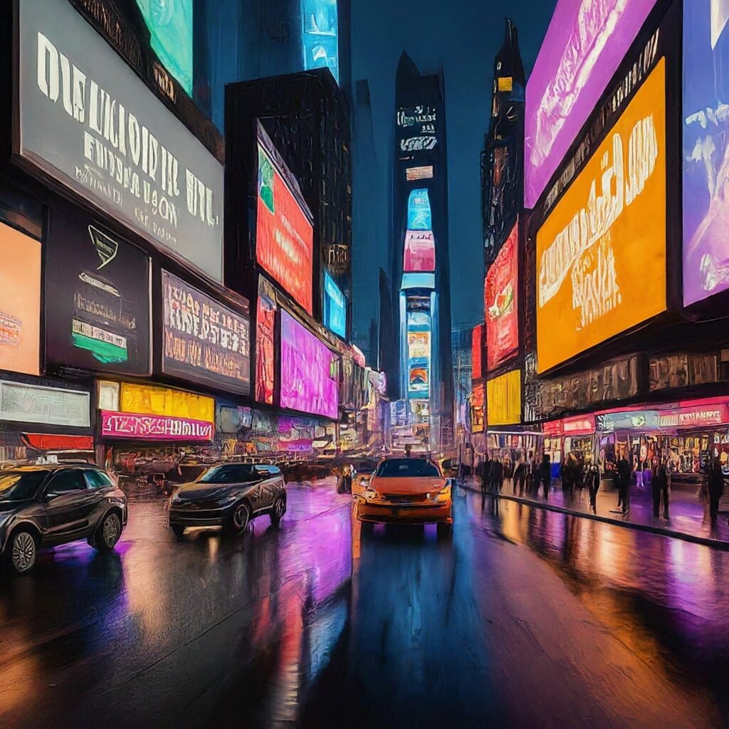 Illuminated Times Square in New York City at night, showcasing vibrant billboards and crowds.