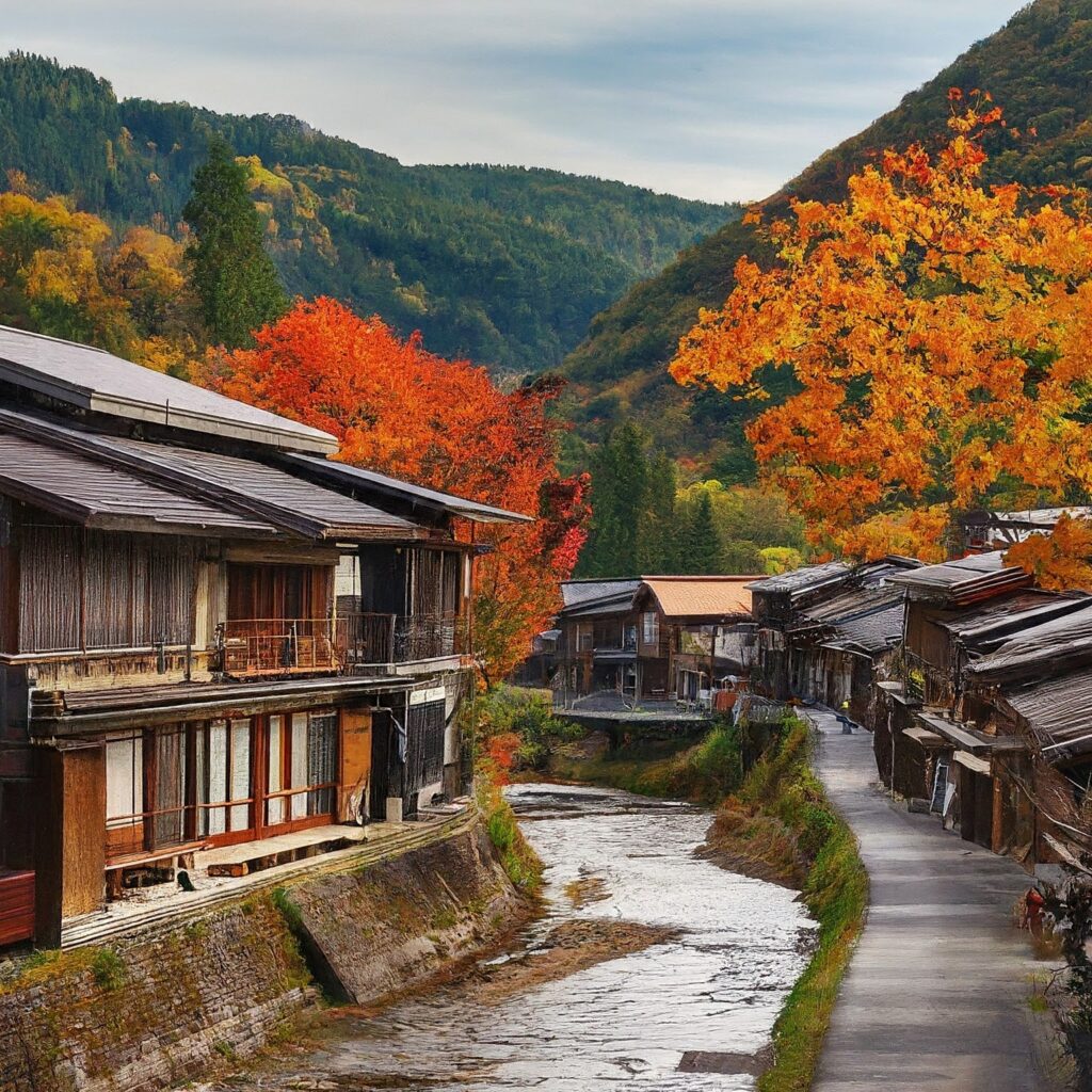 Autumn scene in Tsumago, Japan, with colorful leaves on buildings.