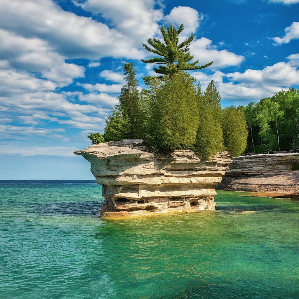 Turnip Rock, a turnip-shaped rock formation in Lake Huron, Michigan, with trees on top.