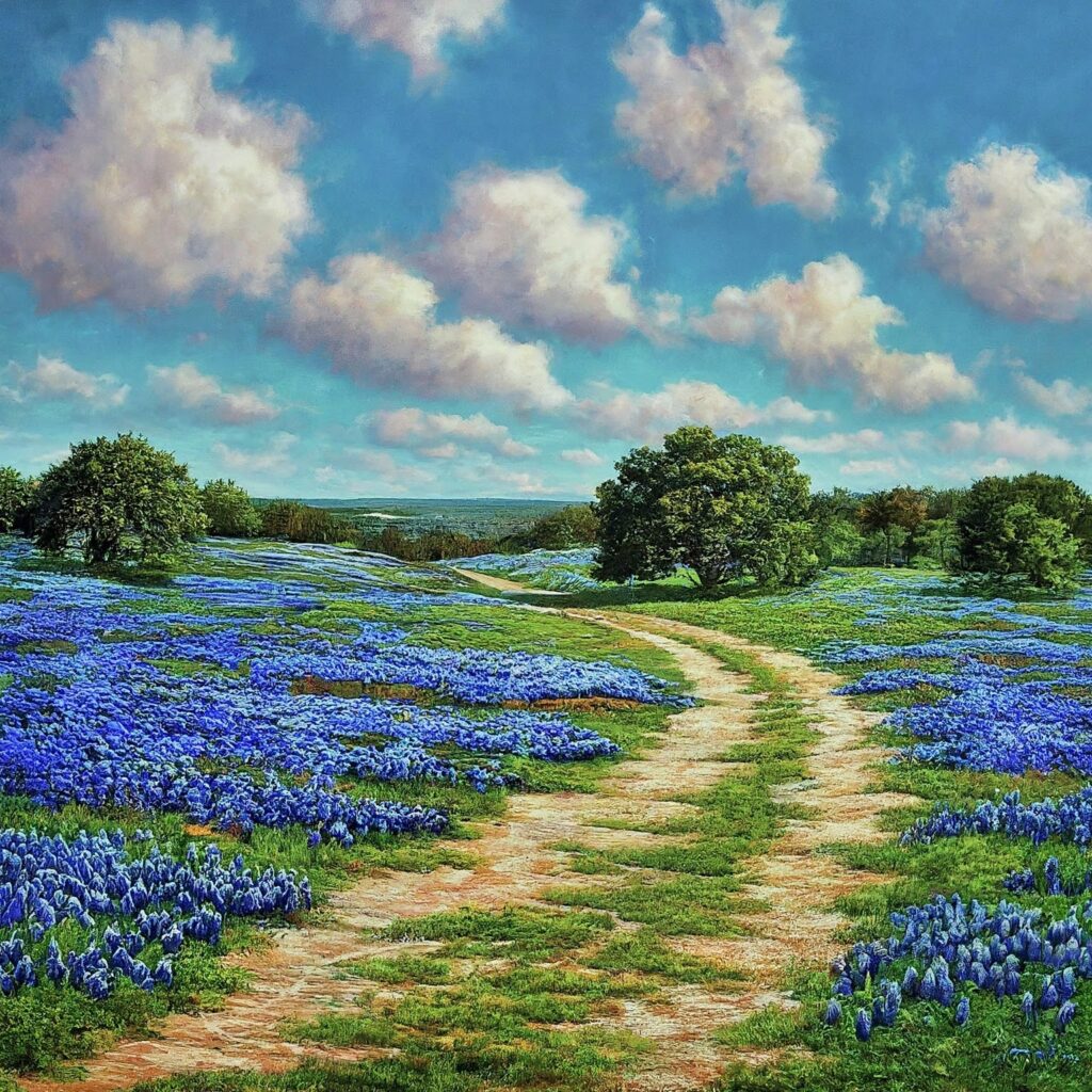 A scenic view of Willow City Loop in Texas showcasing a field of bluebonnets in full bloom.