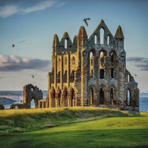 Whitby Abbey, a ruined monastery on the Yorkshire coast, UK.
