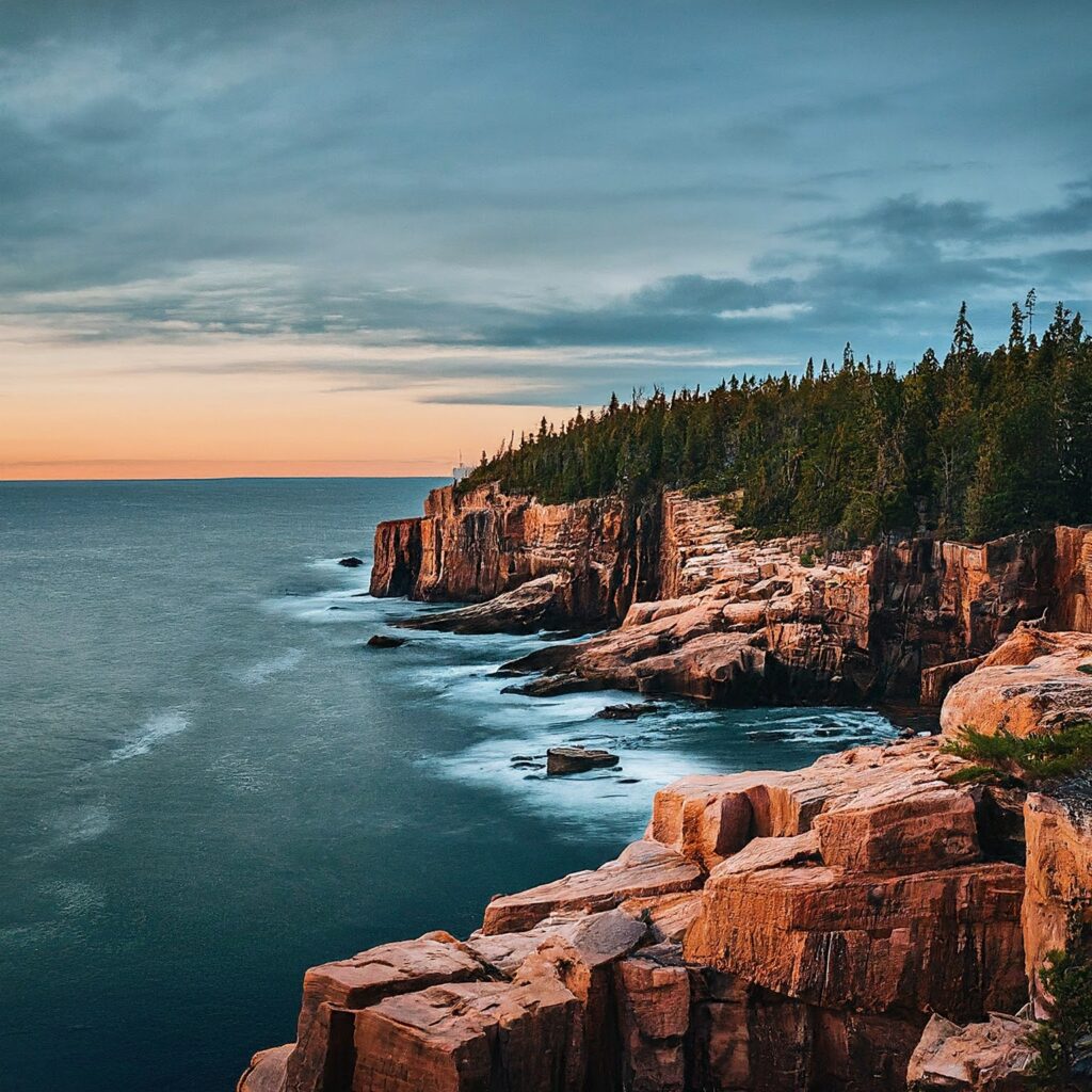 Panoramic view of Acadia National Park coastline, USA.
