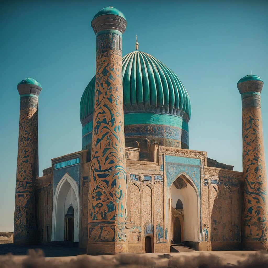 The Aisha-Bibi Mausoleum in Kazakhstan with turquoise glazed tiles and intricate brickwork.
