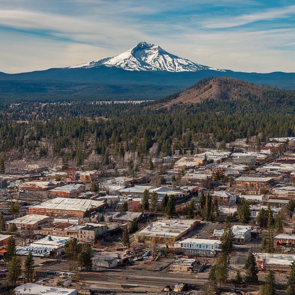 Panoramic view of Bend, Oregon, USA, with Cascade Mountains.