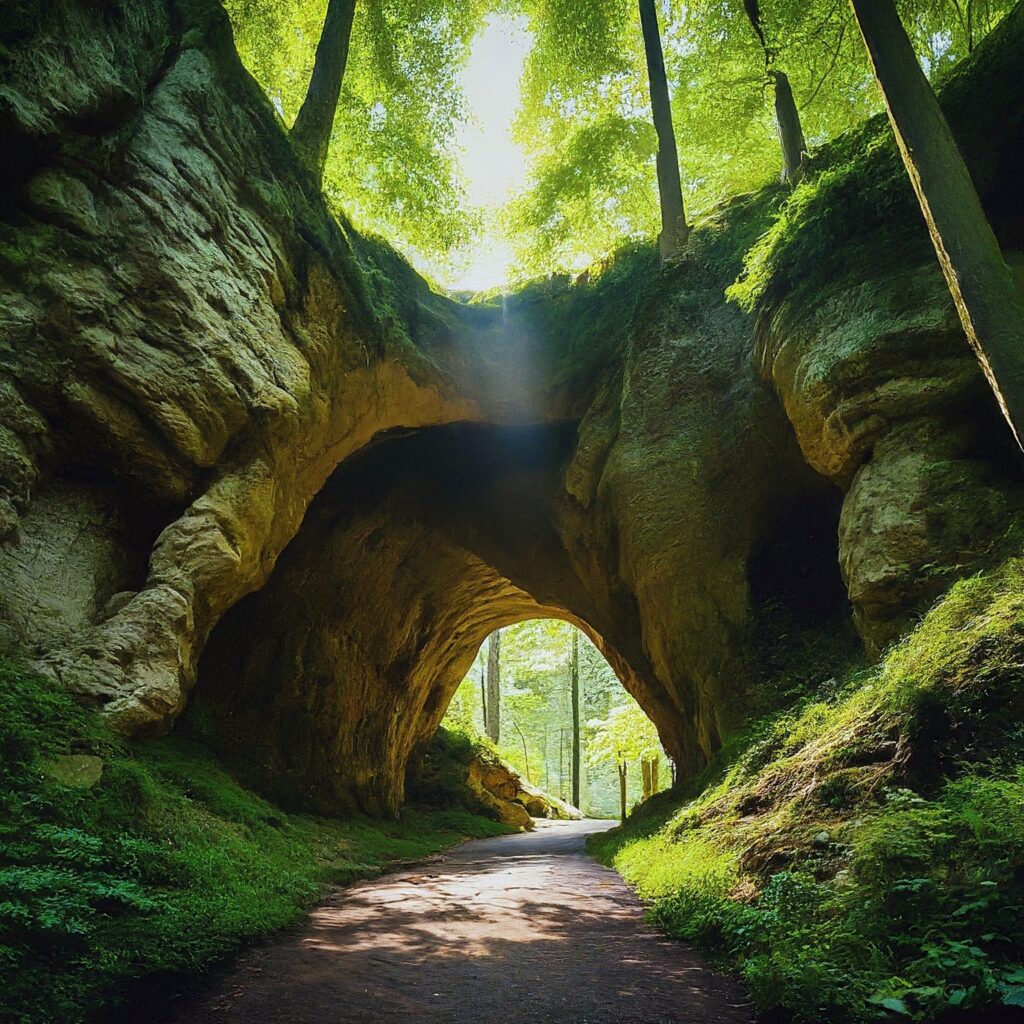 The dark and mysterious entrance of Berdorf Rauberhohle cave in Luxembourg.
