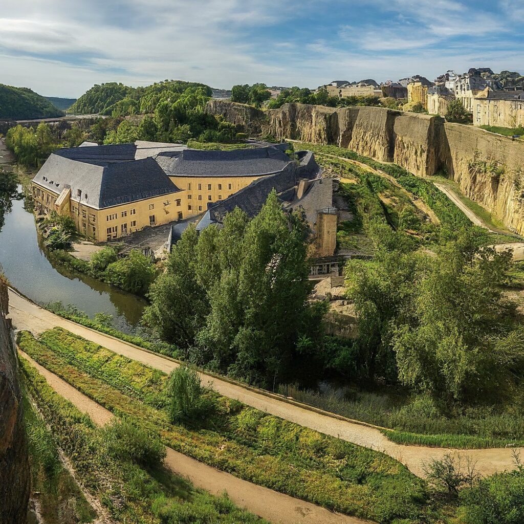 A panoramic view of the Bock Casemates in Luxembourg, showcasing the tunnels and Alzette Valley.
