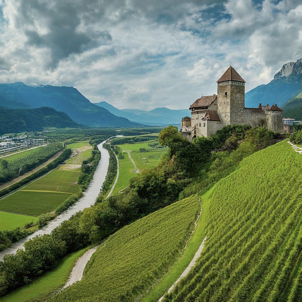 A panoramic view of Burg Gutenberg, Liechtenstein, nestled amidst rolling hills.