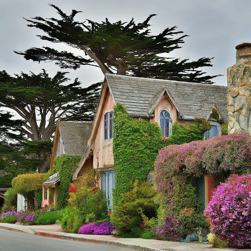 Charming streetscape with cypress trees and cottages in Carmel-by-the-Sea, California.