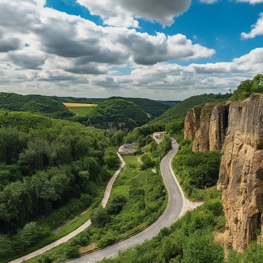 Scenic view of Chemin de la Corniche, Luxembourg, with winding road and dramatic cliffs.