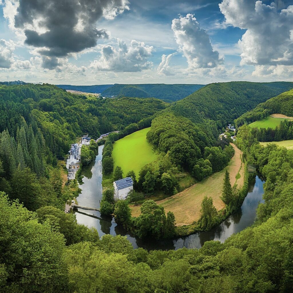 Panoramic view of Clervaux, Luxembourg, showcasing the Ardennes forest and Clerve River.
