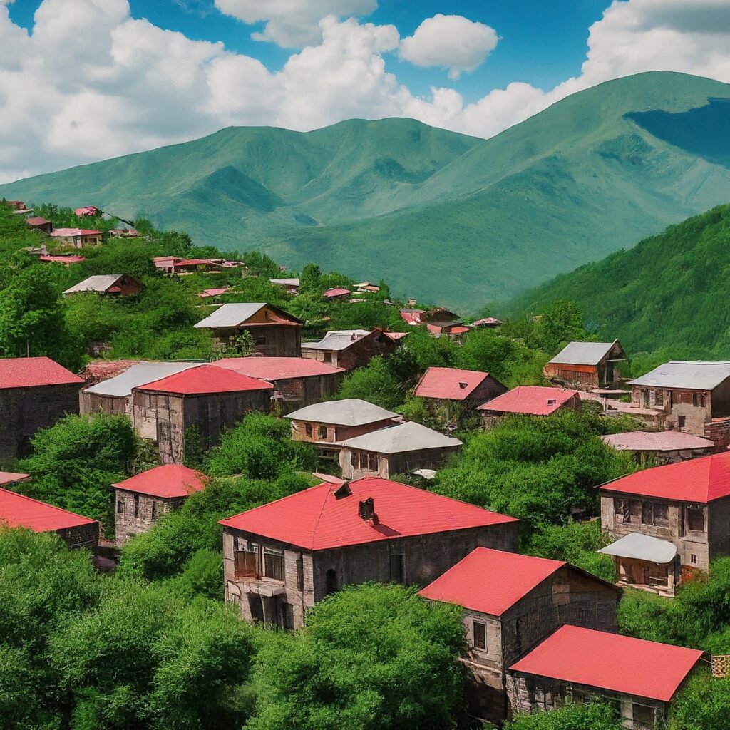 Colorful rooftops of Dilijan, Armenia, surrounded by lush forests and mountains.