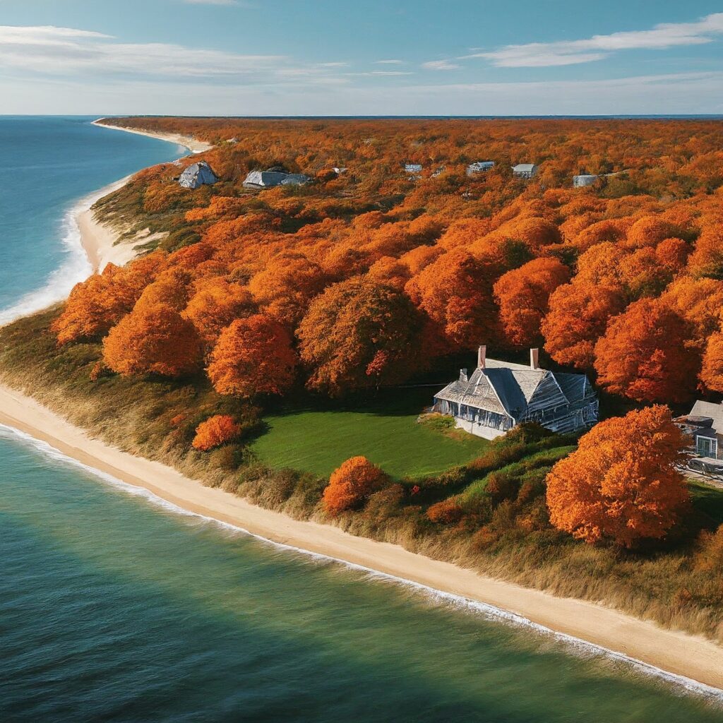 The Hamptons coastline in autumn with vibrant foliage.