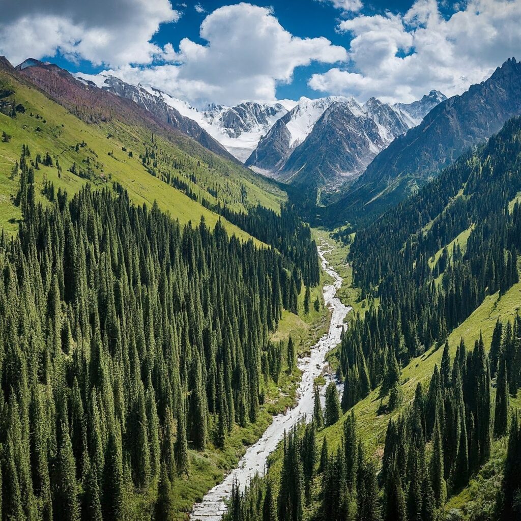 Panoramic view of Tian Shan mountains with valleys, waterfalls and glaciers in Katon-Karagay National Park, Kazakhstan.