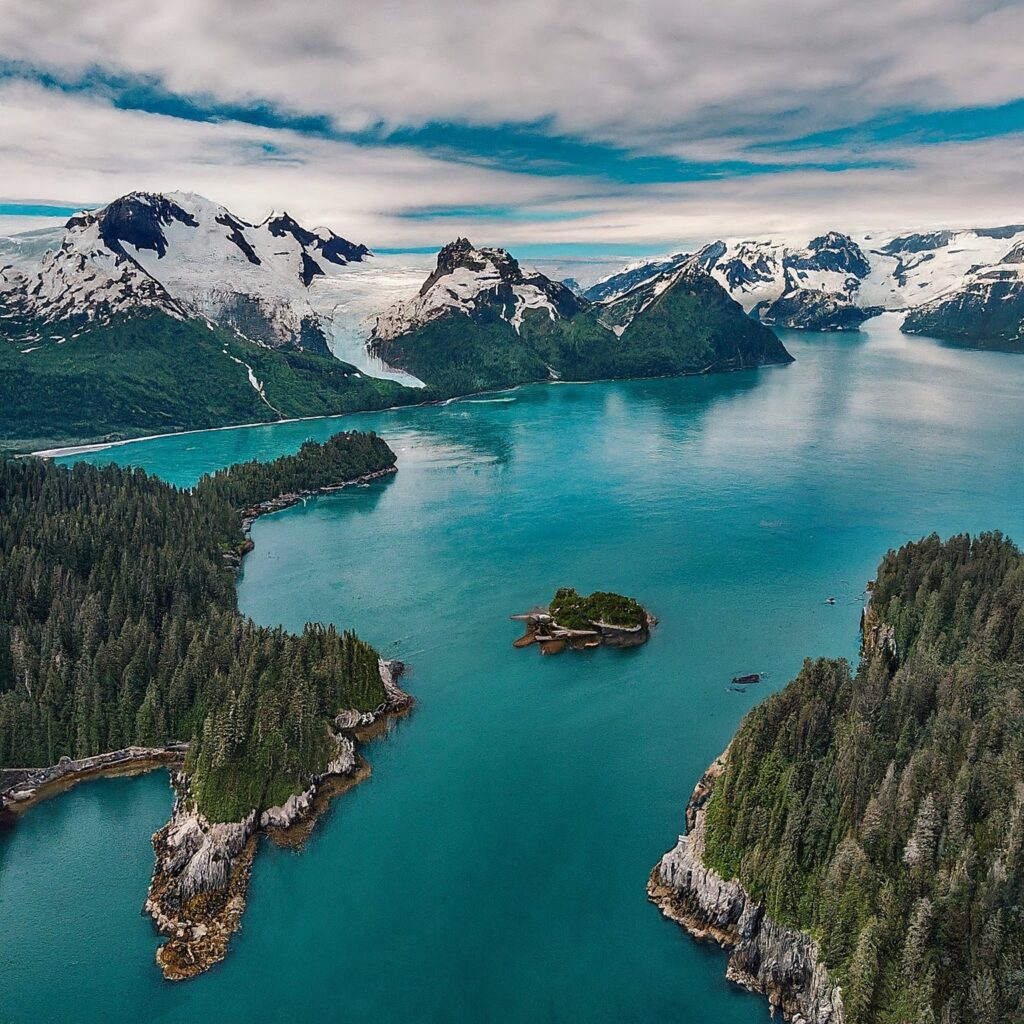 Aerial view of Kenai Fjords National Park, USA, showcasing vast fjords, rugged coastline, and wildlife.