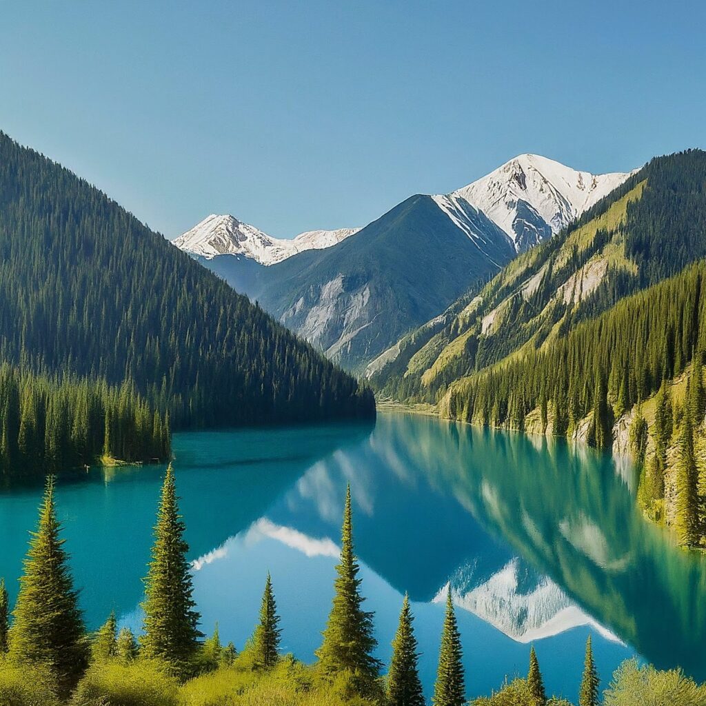 Kolsay Lake in Kazakhstan with lush green mountains and turquoise water.