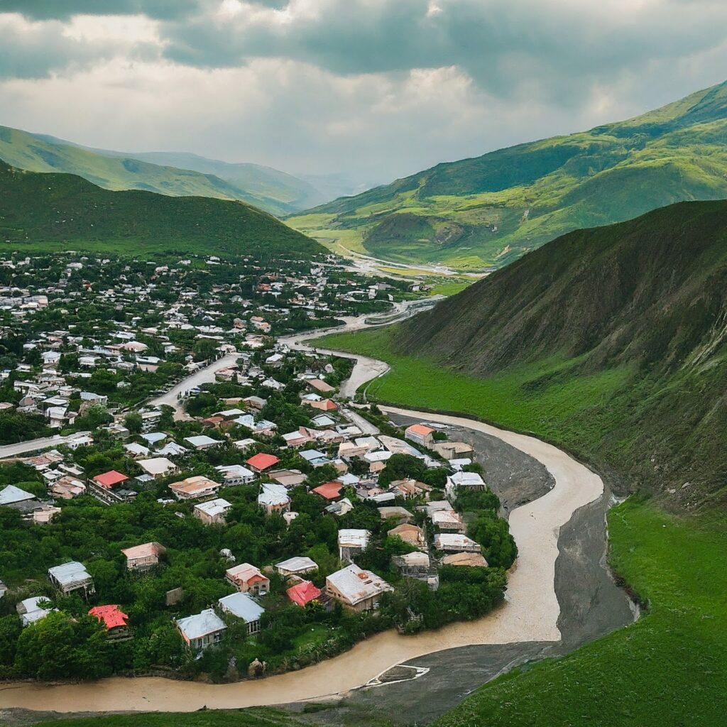 Panoramic view of Lahic, Azerbaijan, nestled in the mountains.