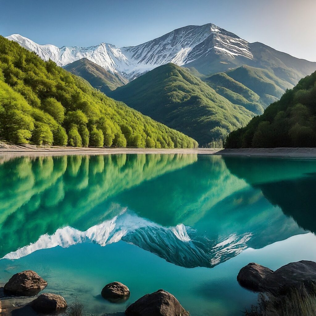 Lake Goygol, Azerbaijan, with turquoise water reflecting snow-capped mountains.