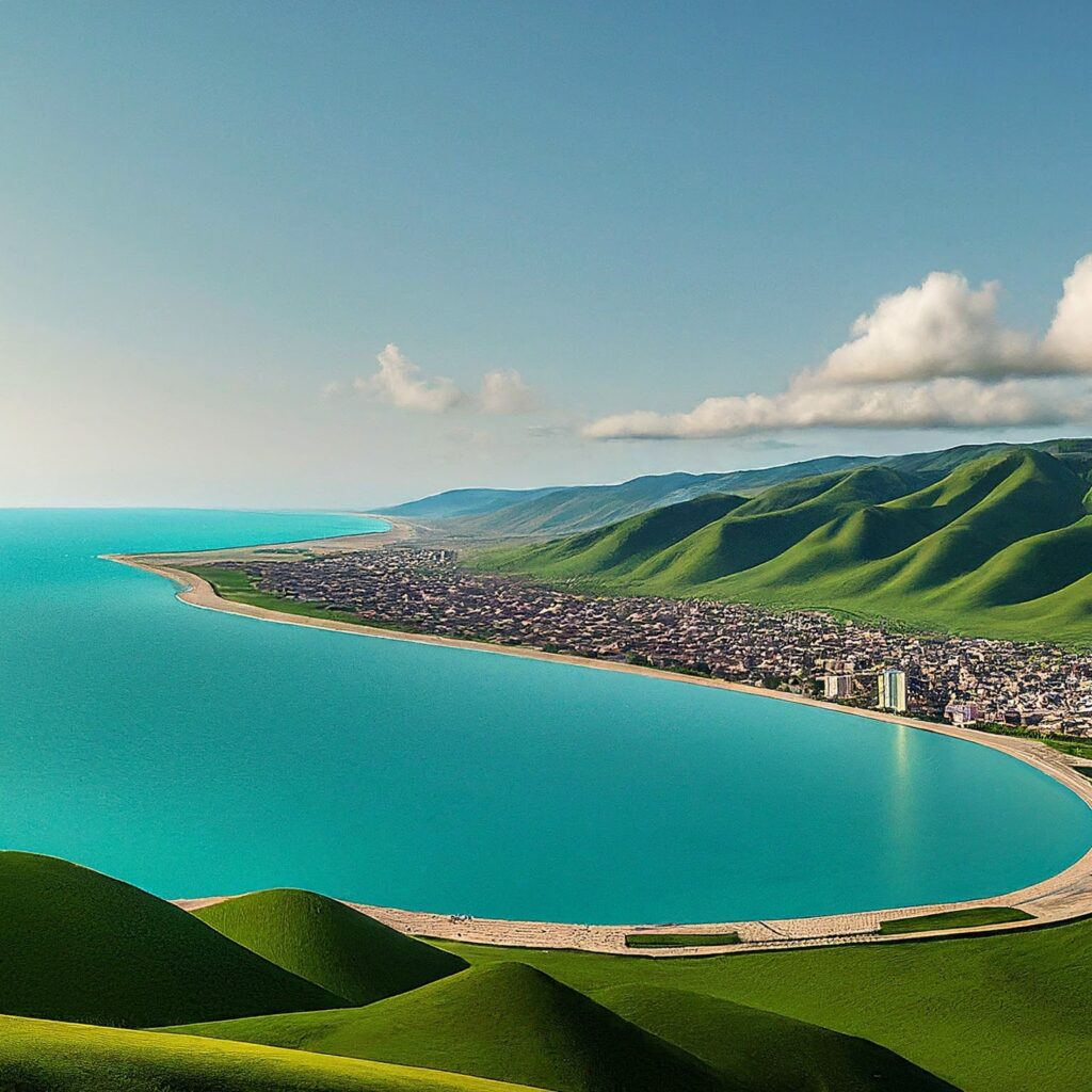 Lankaran, Azerbaijan, with lush mountains meeting the Caspian Sea.