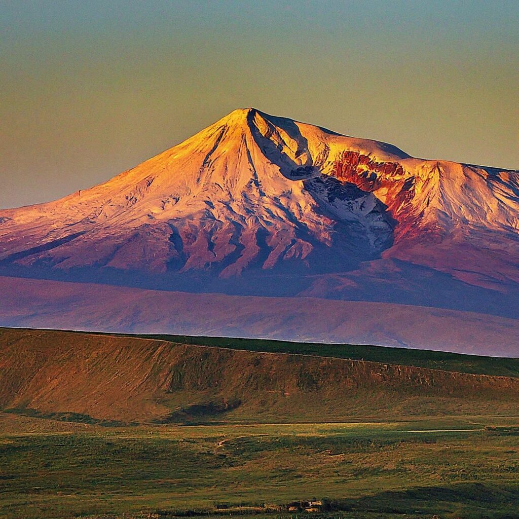 Panoramic view of Mount Aragats, Armenia, at sunrise.