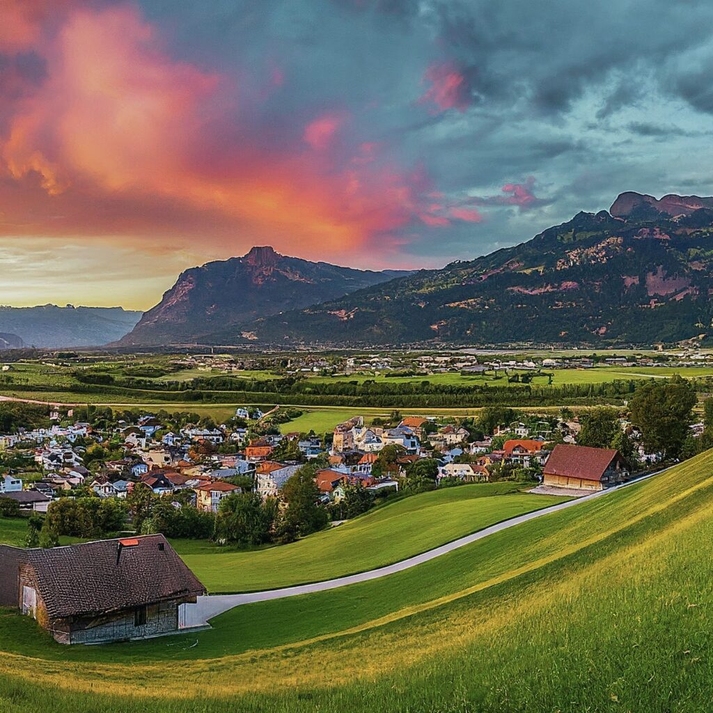 Planken, Liechtenstein village at sunset.