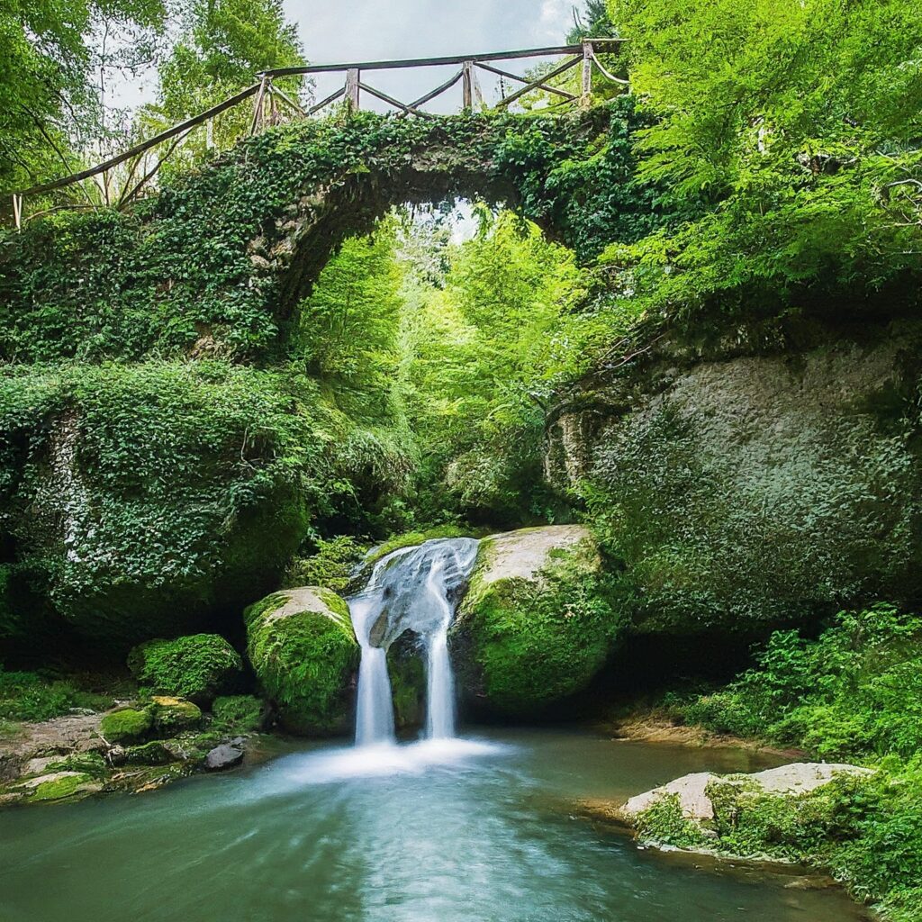 Schiessentumpel waterfall cascading down lush greenery and rocks in Luxembourg.
