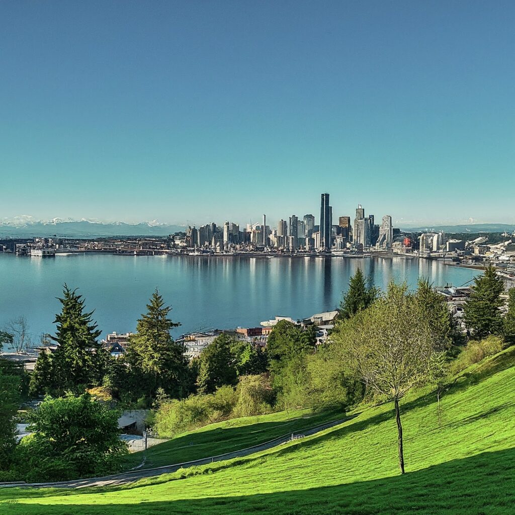 Seattle panorama from Kerry Park, calm Elliott Bay.