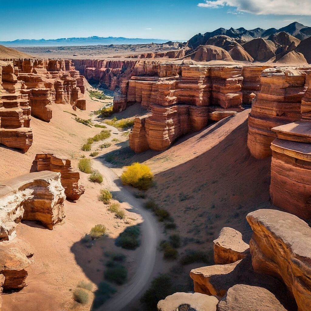 Sharyn Canyon, Kazakhstan, with colorful rock formations and a winding riverbed.