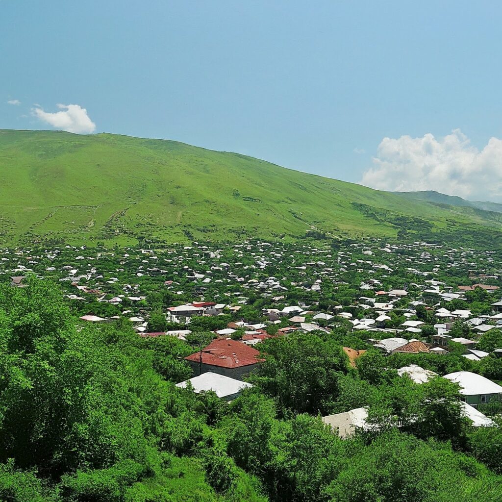 Panoramic view of Sheki, Azerbaijan, in the Caucasus mountains.