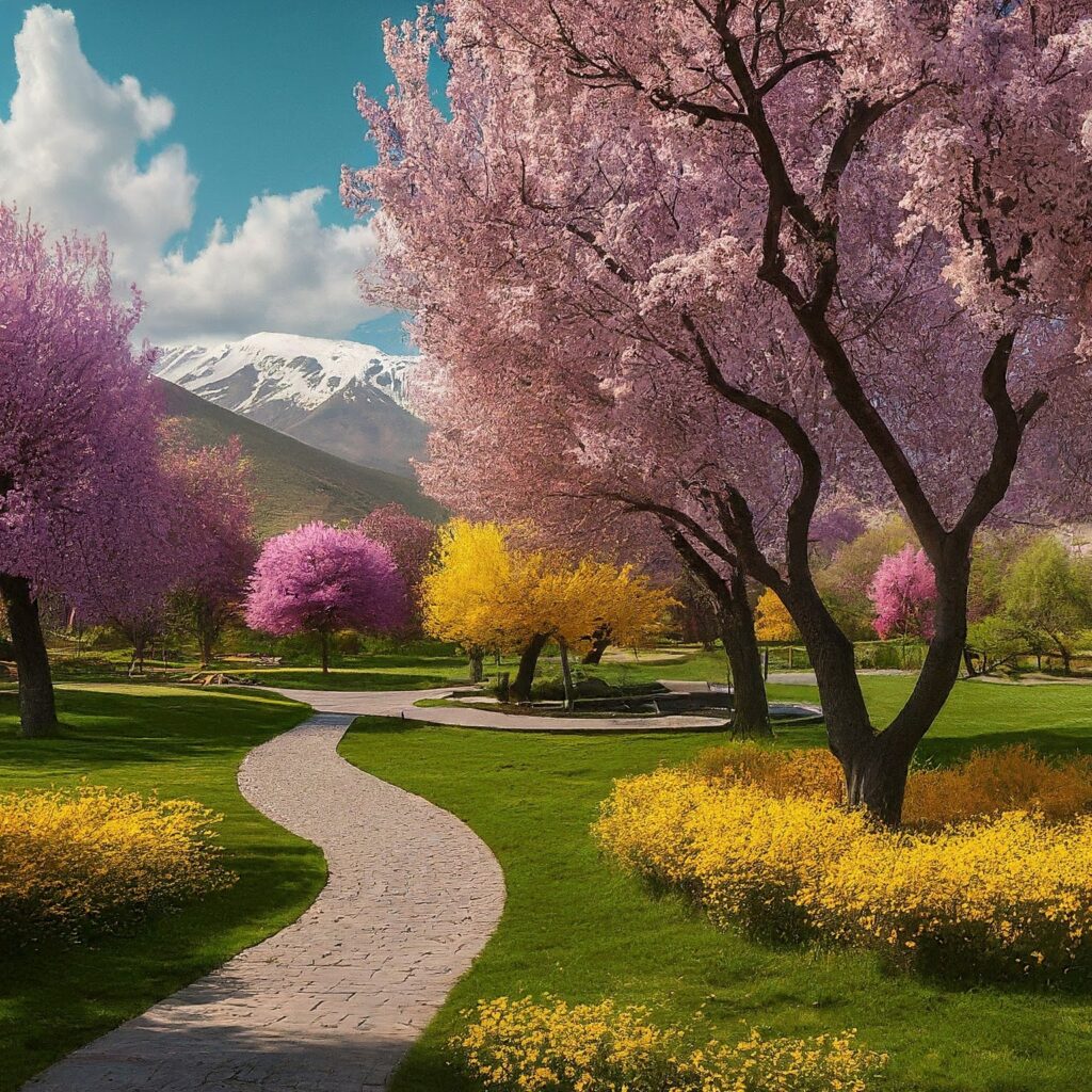 Stepanavan Dendropark, Armenia, with colorful trees in bloom and winding paths.