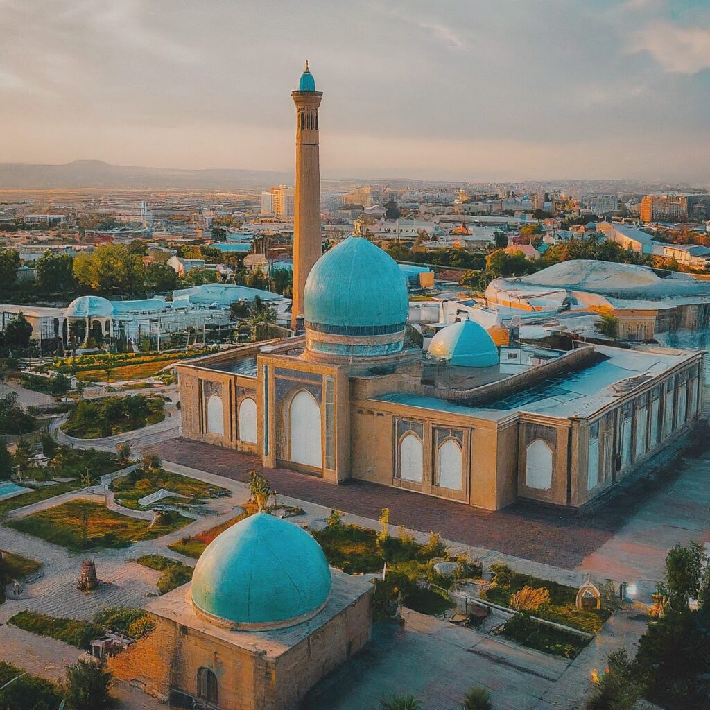 Panoramic view of Tashkent, Uzbekistan, with modern and historical architecture.