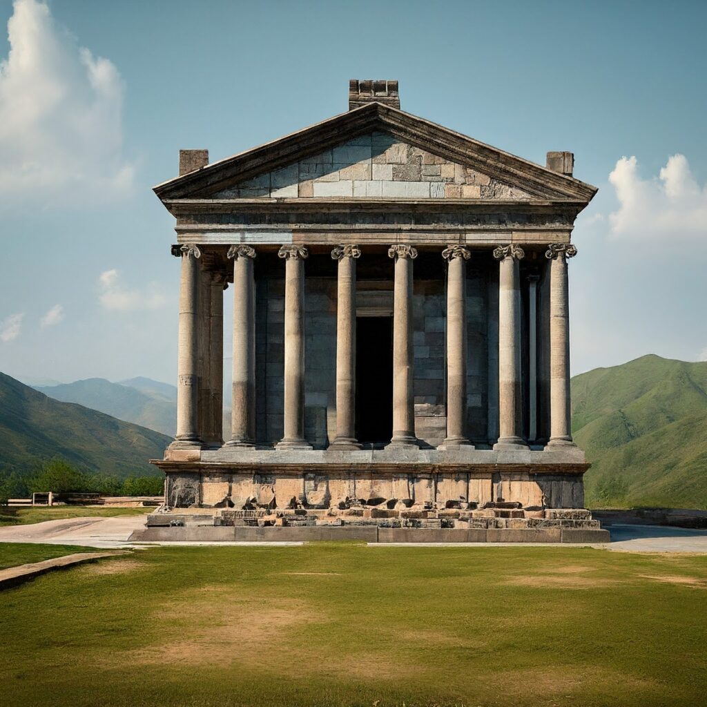 Temple of Garni, Armenia, a circular Greco-Roman temple with columns and a conical roof.