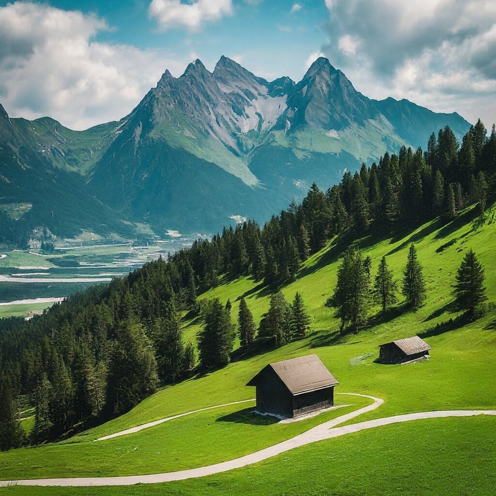 Triesenberg, Liechtenstein, with lush meadows, mountains, and chalets.