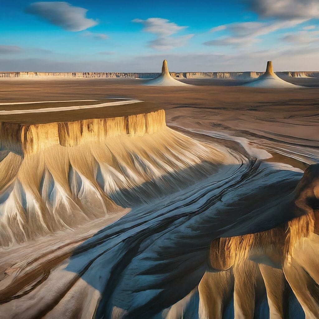 A photorealistic image of the Ustyurt Plateau in Kazakhstan.