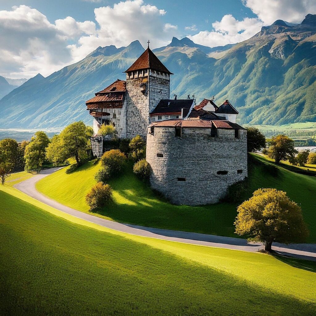 A photorealistic image of Vaduz, Liechtenstein, featuring the Rhine Valley and Vaduz Castle.