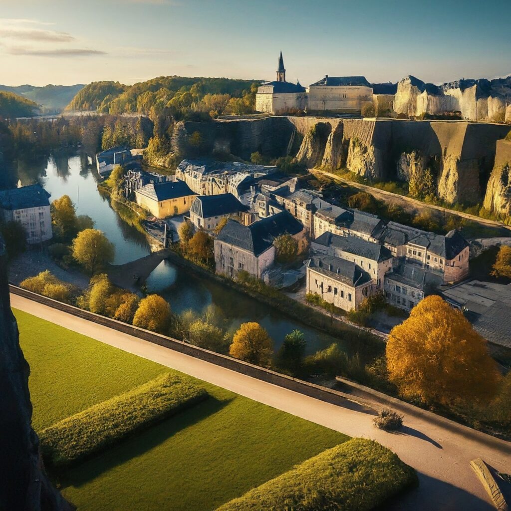 A photorealistic view of the Walls of the Corniche, Luxembourg, overlooking the city and Petrusse Valley.